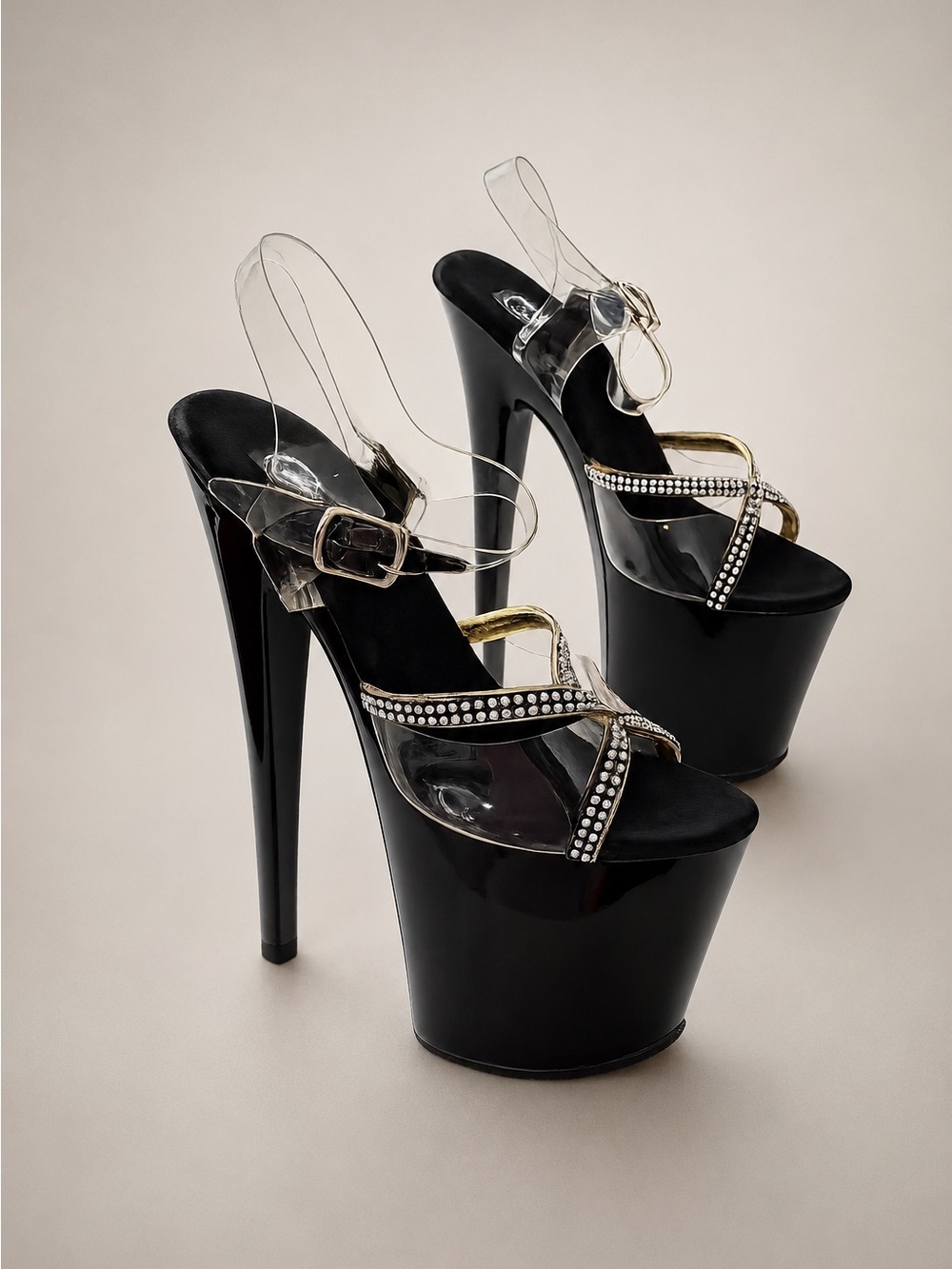 Pleaser Black Platform Stiletto dancer heels with Clear Straps with Rhinestones